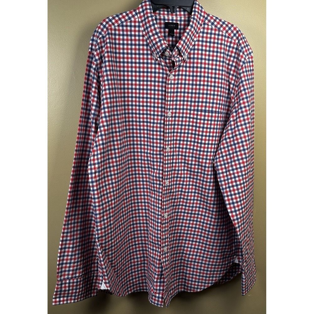 J Crew Men's Large Red White Blue Gingham Plaid Long Sleeve Button Up Shirt